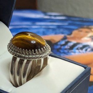 RARE Find RK MM Tiger Eye GemStone Ring Cabochon Antique 925 Sterling SIZE 9